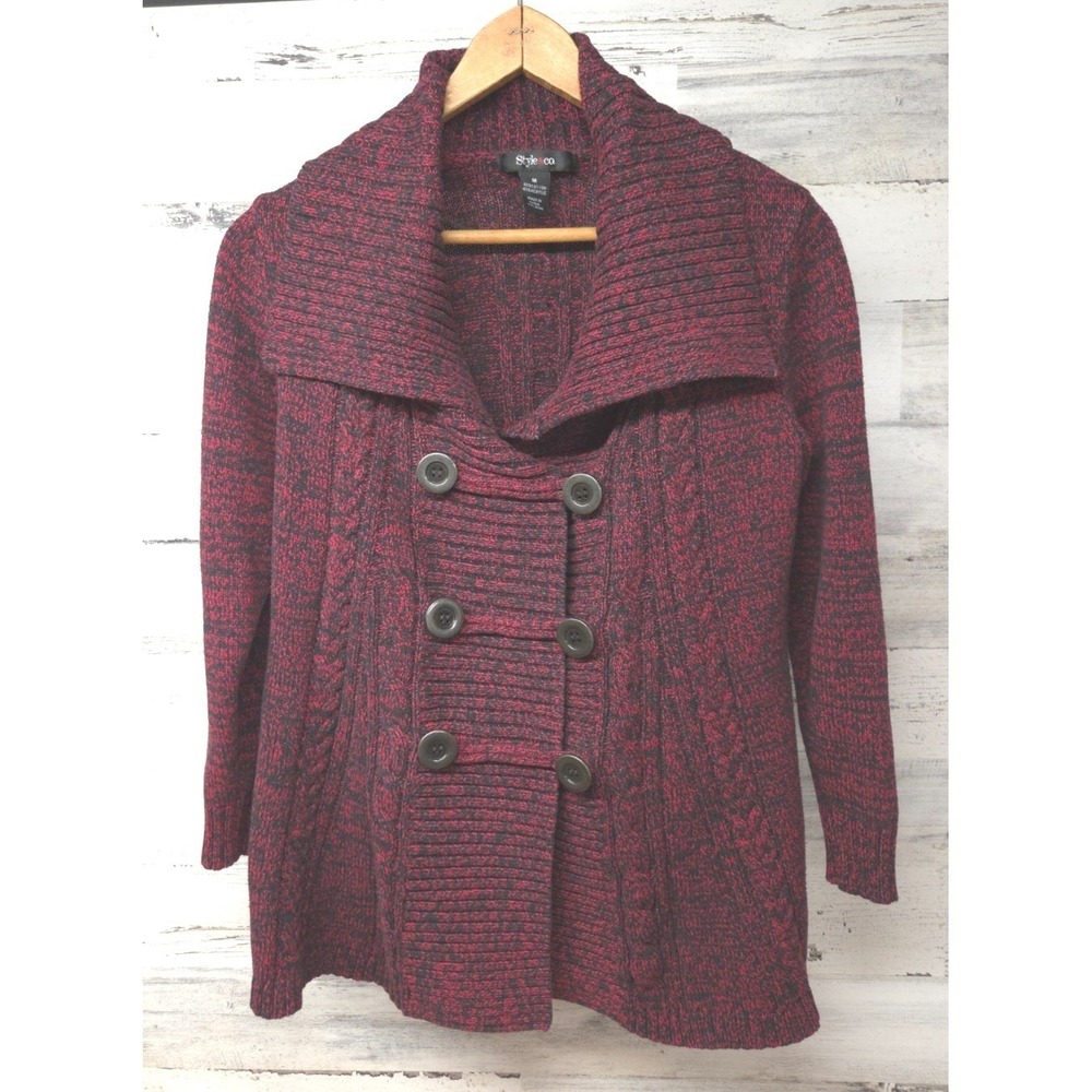 Style & Co Cardigan Sweater Womens Medium Red Black Double Breasted Cable Knit